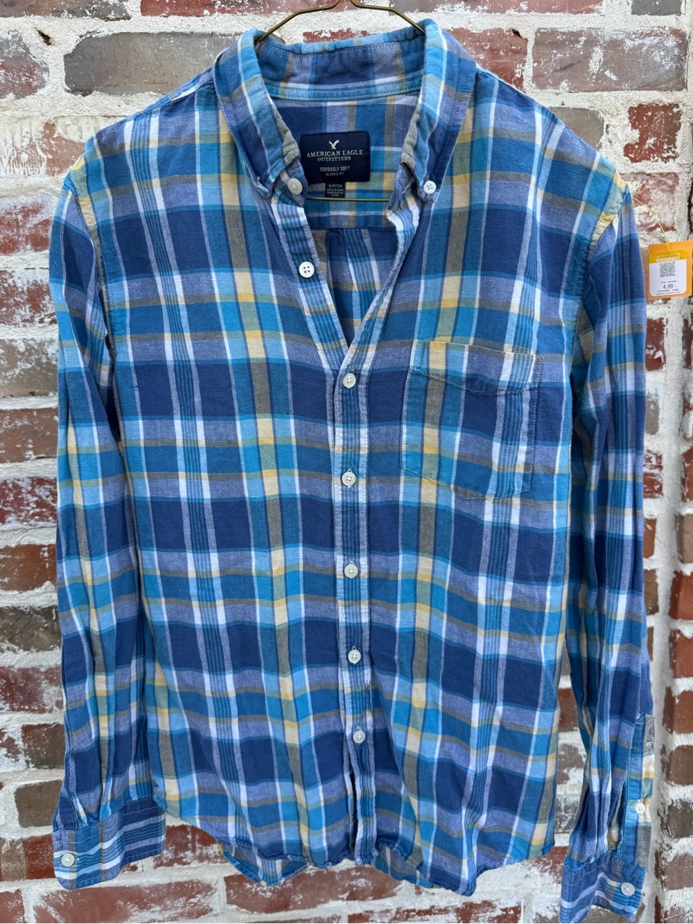 American Eagle Linen Blend Plaid Button Down Shirt Blue Yellow Mens Small